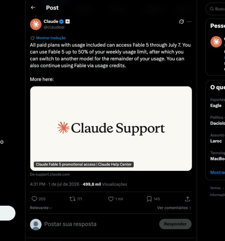 Claude post confirming Fable 5 on paid plans through July 7 and half of the weekly quota