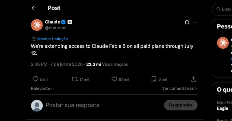 Claude post extending Fable 5 access through July 12