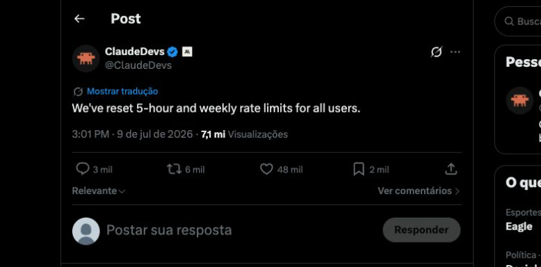 Claude Developers post announcing a reset of five-hour and weekly limits