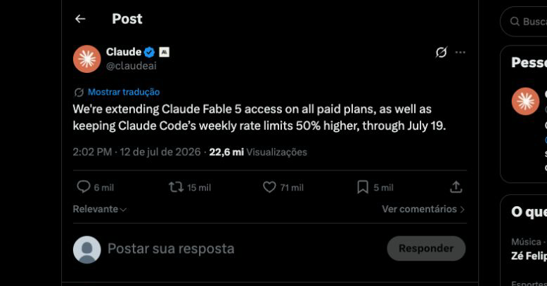 Claude post extending Fable 5 through July 19 and increasing Claude Code weekly limits