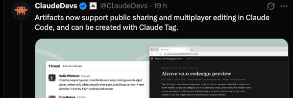 Claude Developers post announcing simultaneous Artifacts editing by multiple people on Team and Enterprise plans