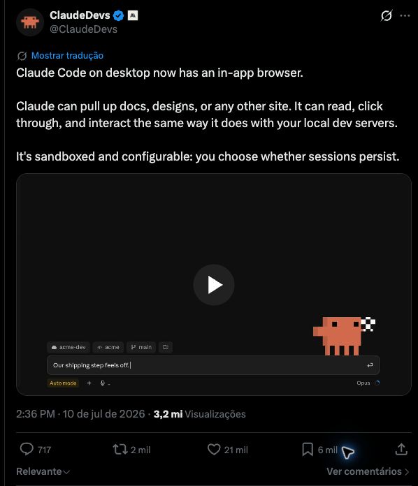 Claude Developers post announcing an in-app browser in Claude Code for opening and interacting with websites