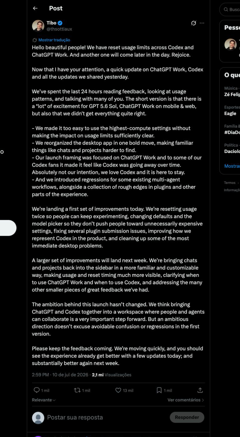 Thibault Sottiaux post about additional resets and product corrections