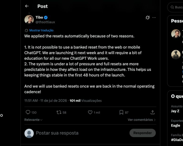 Thibault Sottiaux post explaining reset operations under traffic pressure