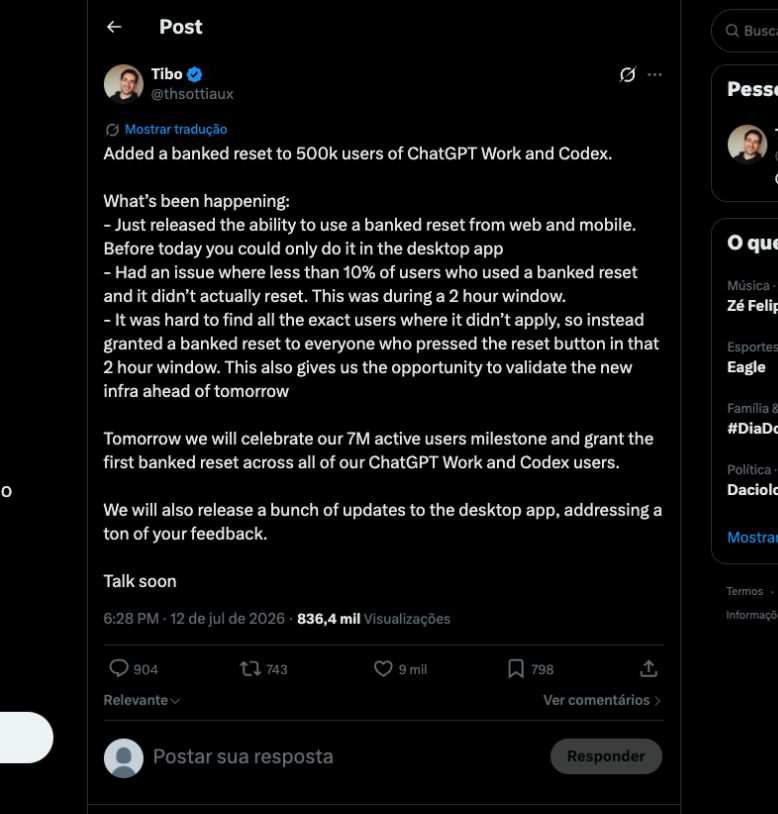 Thibault Sottiaux post announcing banked reset on web and mobile for 500,000 users