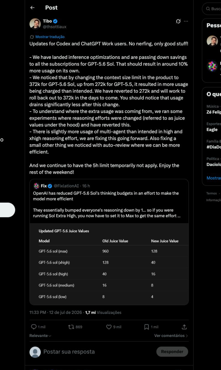 Thibault Sottiaux post announcing reversals to context, effort, and product settings