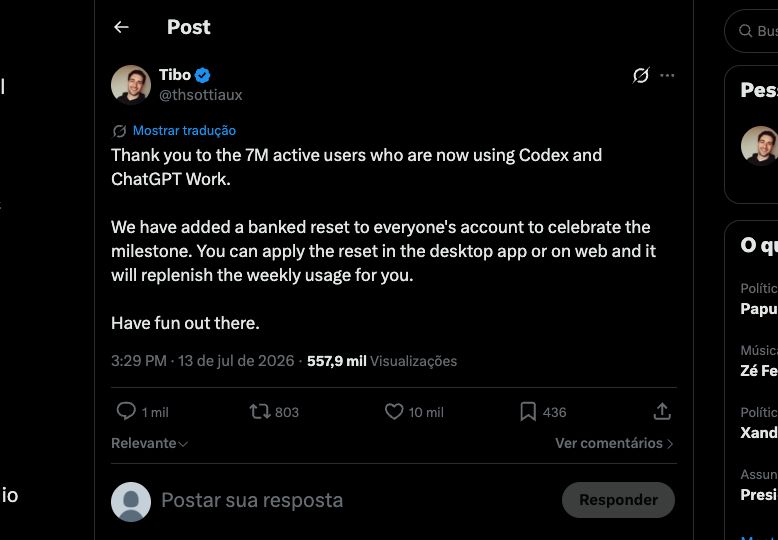 Thibault Sottiaux post announcing a banked reset for every Codex and ChatGPT Work account