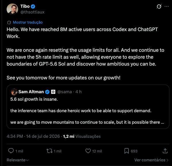 Thibault Sottiaux post reporting 8 million active users, another limits reset, and continued removal of the five-hour limit